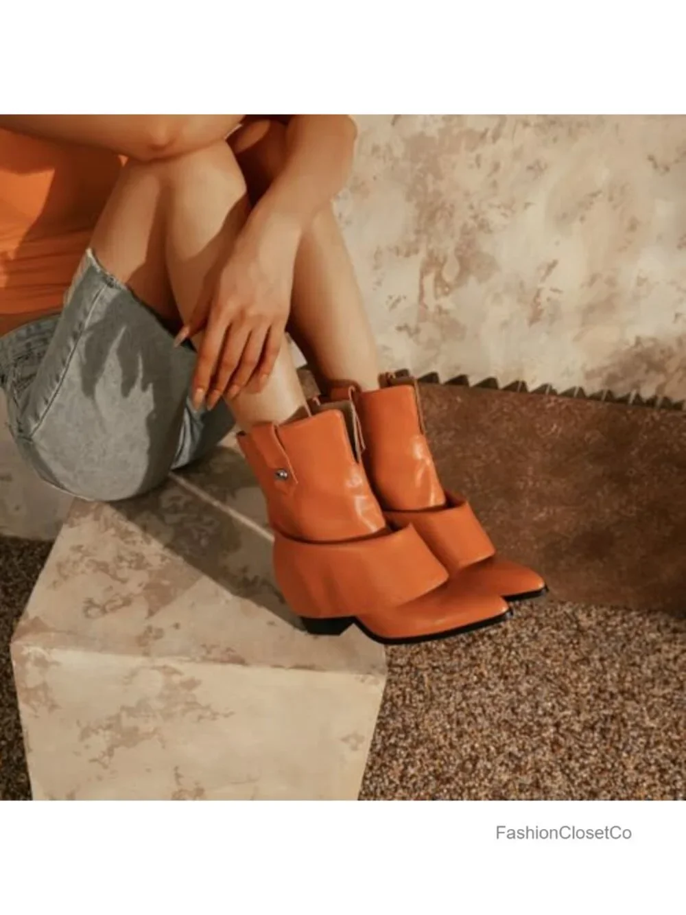 Pointed Toe Chunky Heel Ankle Booties with Fold-Over Design